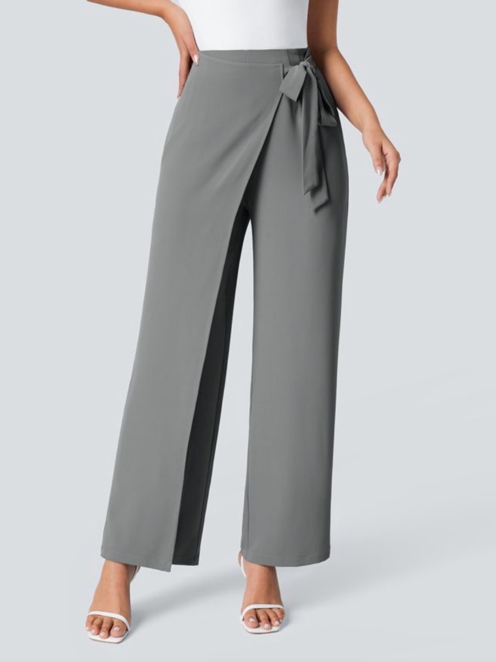 HALARA Gray Wrap-Front Wide Leg Pants with Side Tie